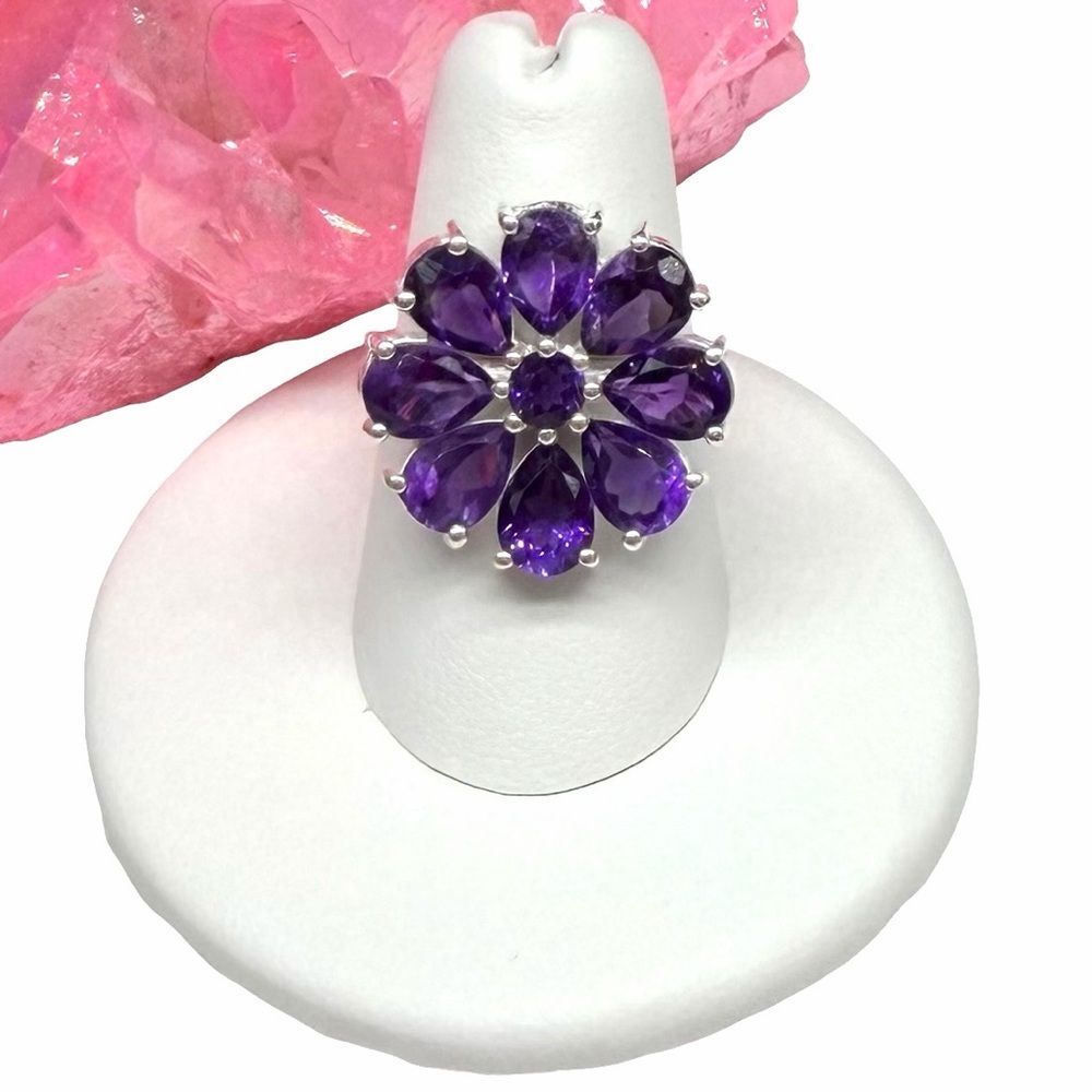 Amethyst Flower Ring Size 6 Solid 925 Sterling Silver